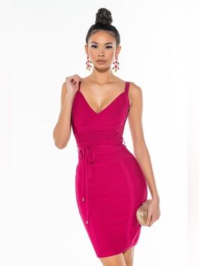 AKIRA Fuchsia Magenta Sleeveless V-Neck Bodycon Bandage Mini Dress Medium